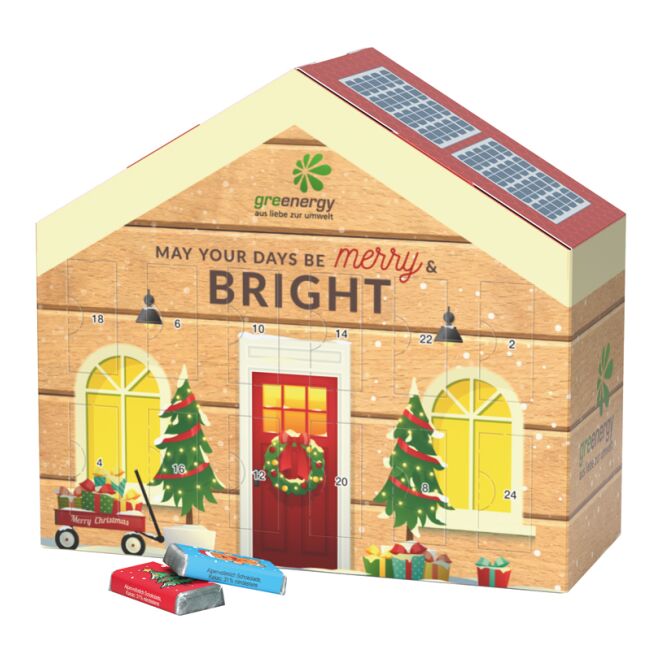 Firmengeschenk Adventskalender Haus – adventskalender – mit bedrucktem Etikett als Weihnachtsgeschenk für Kunden und Partner
