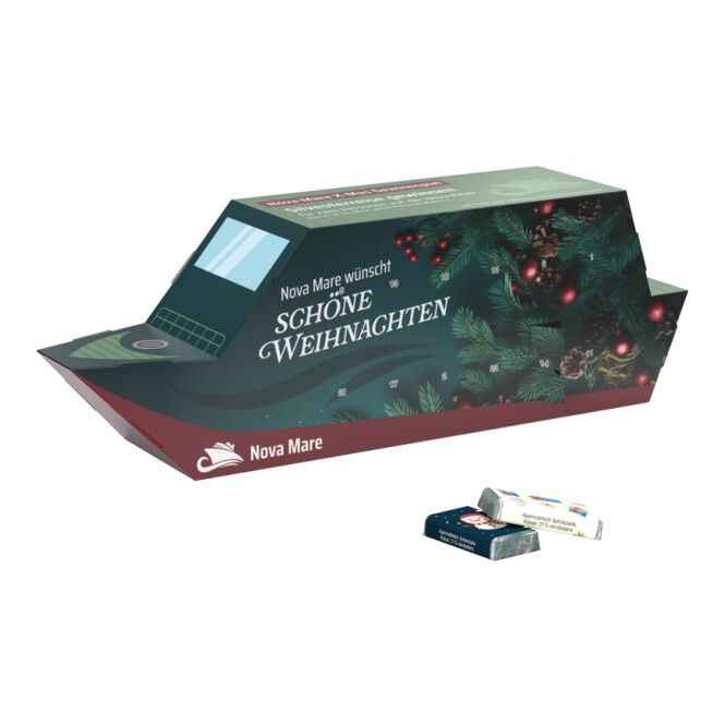 Kundenpräsent Adventskalender Schiff mit individuellem Logodruck – nachhaltiges Inlay aus kompostierbarem Material – Weihnachtsartikel für Firmen