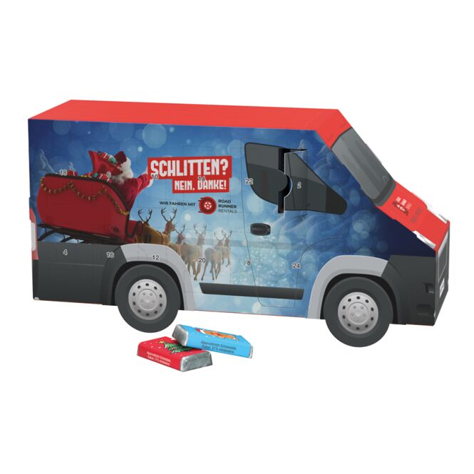 Mitarbeiter-Weihnachtsgeschenk Adventskalender Transporter mit Logodruck – nachhaltige Vollkartonhülle mit kompostierbarem Inlay – Firmenpräsent