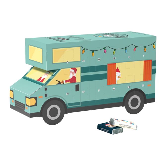 Firmengeschenk Adventskalender Wohnmobil – weihnachten – mit bedrucktem Etikett 1 Stück als Weihnachtsgeschenk für Kunden und Partner