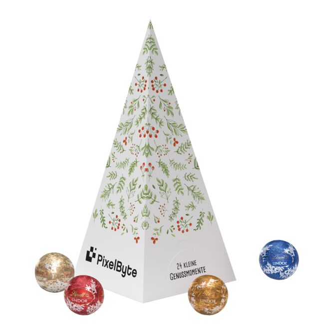 Firmengeschenk Lindt Adventspyramide – weihnachtlich – mit bedrucktem Etikett als Weihnachtsgeschenk für Kunden und Partner