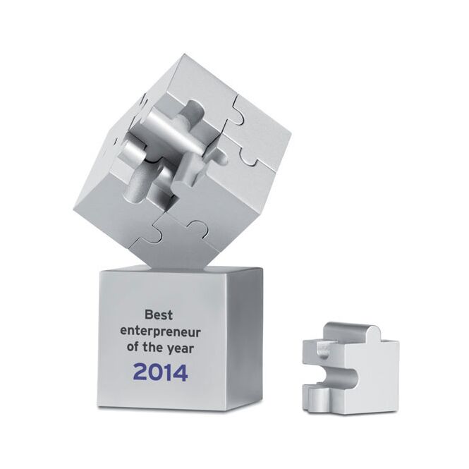 Werbeartikel magnetisches 3D-Puzzle aus Metall mit Gravur – mattsilber – hochwertiges Bürozubehör für Firmen