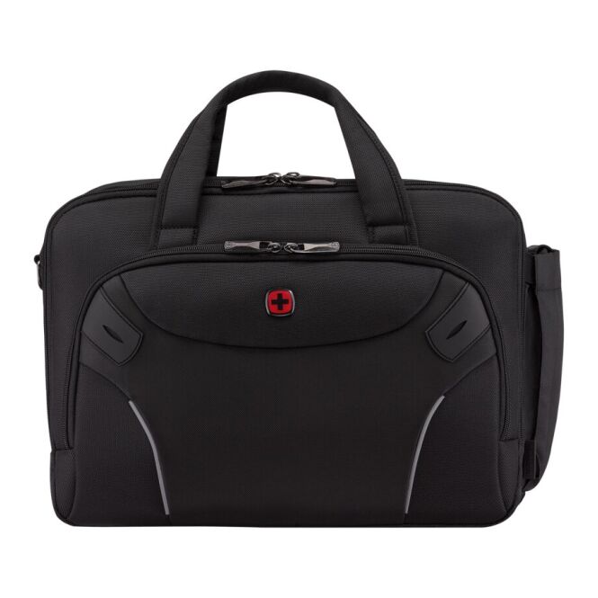 Mitarbeitergeschenk Aktentasche Wenger Cosmic – schwarz – mit Logodruck 14-16 Zoll Laptopfach recyceltes PET für Firmenauftritt