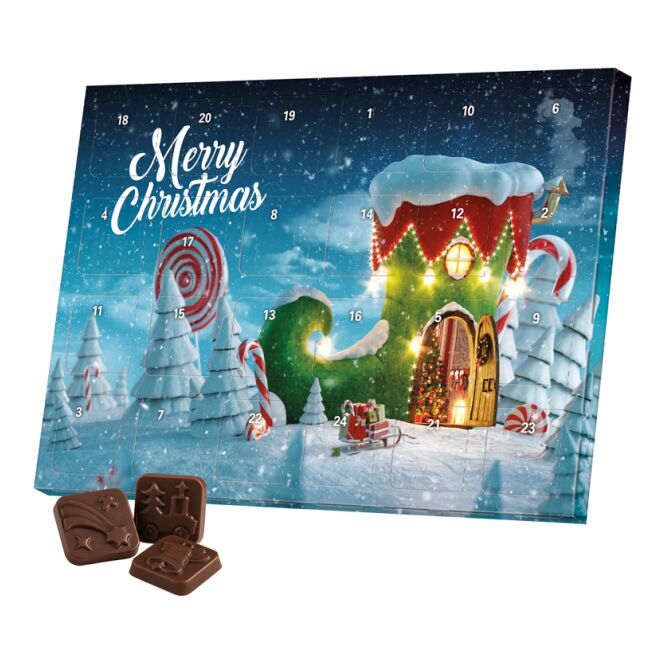 Firmengeschenk Adventskalender Classic – weiß – mit individuellem Werbedruck, 100% recycelbar, klimaneutrales nachhaltiges Präsent