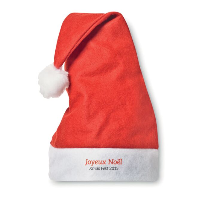 Kundenpräsent Nikolausmütze aus Polyester mit Logodruck – Rot – flauschige Kopfbedeckung für die Weihnachtsfeier in der Firma