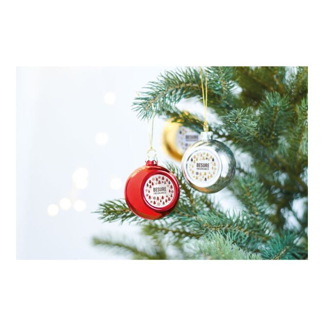 Werbeartikel Weihnachtskugel – silber – mit Logo bedruckt, 6 cm Durchmesser, edler Christbaumschmuck für Business-Präsente