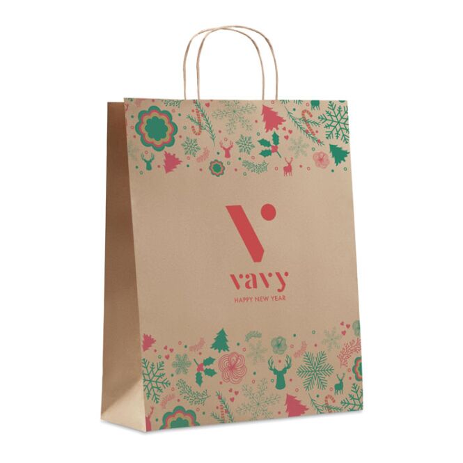 Mitarbeitergeschenk Geschenktüte aus recyceltem Papier mit Logodruck – Beige – nachhaltige Papiertasche für Firmen und Messen