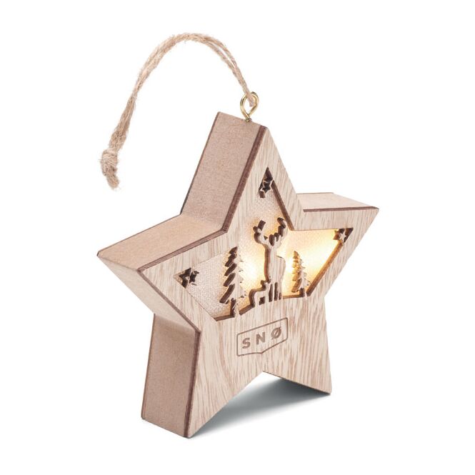 Werbeartikel Weihnachtsdekoration MDF-Stern – holzfarben – mit Logo bedruckt inkl. 3 LR44-Batterien Stern-Deko für Geschäftskunden