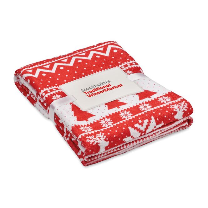 Werbeartikel rPET-Fleece-Decke 190 g/m² – rot – mit Logo bedruckt als nachhaltiges Kundenpräsent für Firmen-Events