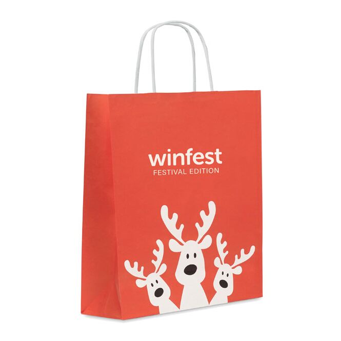Werbeartikel Geschenkpapiertüte mit Logodruck – Rot – nachhaltige Papiertasche für Firmen und Messen