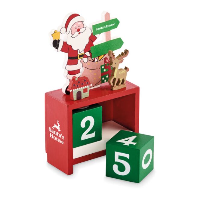 Kundenpräsent Weihnachts-Countdown-Tischkalender aus Holz mit Gravur – Bunt – hochwertiges Weihnachts-Präsent für Firmen