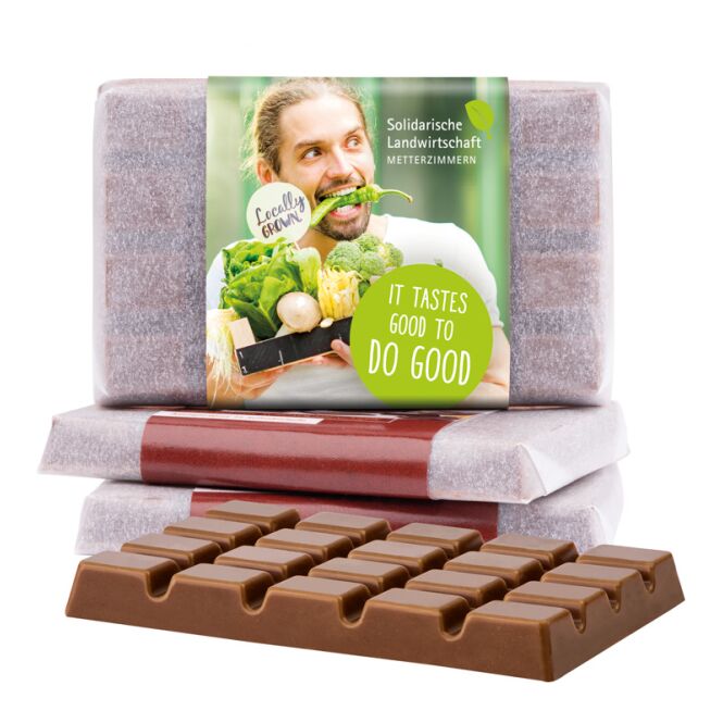 Premium-Werbeartikel Design Schokolade – weiß – mit individueller Banderole 10 g für Kunden und als Präsent für Mitarbeiter und Partner