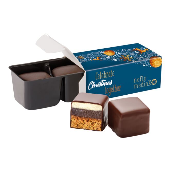 Firmengeschenk Lambertz Dominostein 2er – weihnachten – mit bedrucktem Etikett 2er Set als Weihnachtsgeschenk für Kunden und Mitarbeiter
