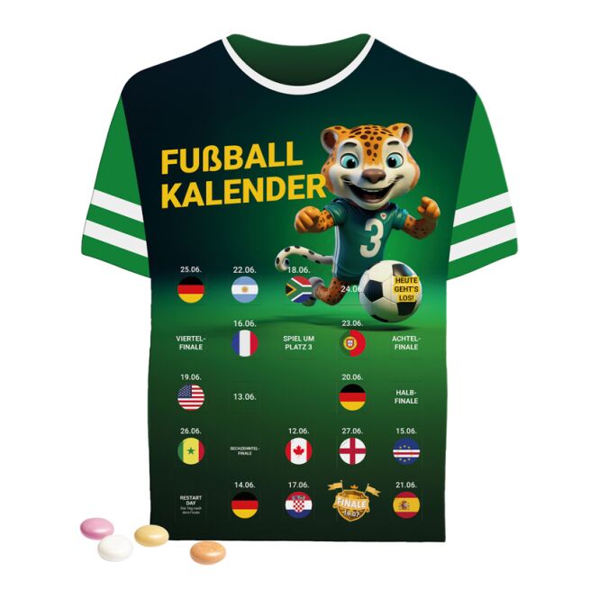 Streuartikel Event Kalender Trikot – mit mentos kaudragees – mit bedrucktem Etikett als Werbemittel auf Messen und Events für Neukunden
