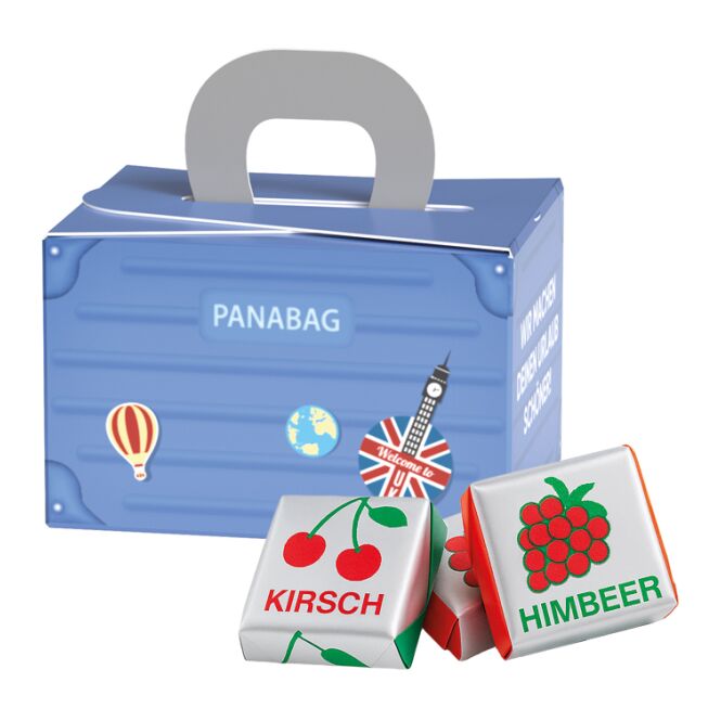 Werbeartikel Geschenkbox Mini Koffer – süße schokolade – mit individuellem werbeaufdruck zur verteilung als firmenpräsent auf messen und events
