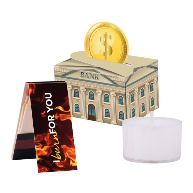 Werbeartikel Geschenkbox Mini Teelicht – mit individueller Banderole – Lagerfeuer to go für Messen und Events für Geschäftspartner