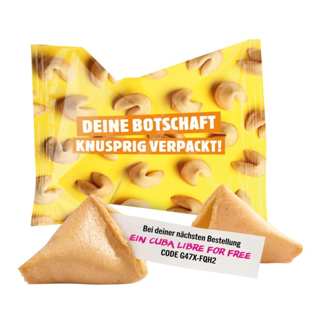 Streuartikel Glückskeks – weiß – mit Logo bedruckt 6 g Werbegeschenk für Kunden auf Messen und Events für eine erfolgreiche Kundenakquise