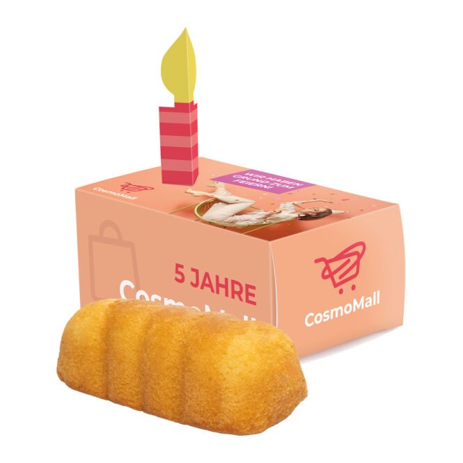 Werbeartikel KuchenMeister Minirührkuchen Gratulationsbox L – mit individueller Banderole – 1 Stück als Werbemittel auf Messen für Kunden