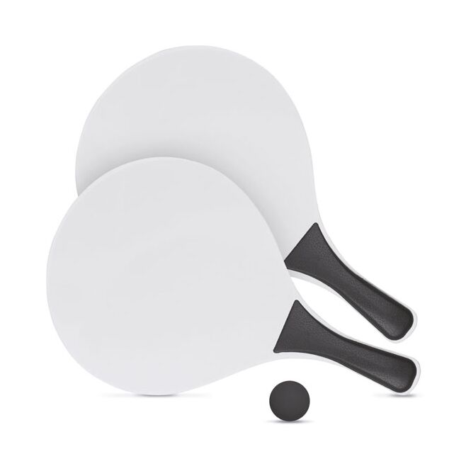 Werbeartikel Beach-Tennis-Set Match – schwarz – mit Logo bedruckt, 3-teilig mit 2 MDF-Schlägern & 1 Softball für Strand-Promotions