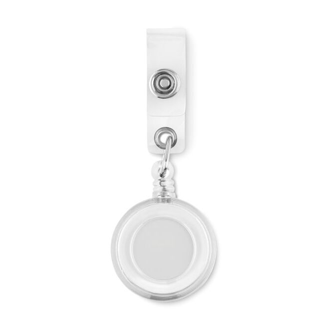 Messeartikel Ausweishalter ABS Metallclip – transparent weiß – mit Logo bedruckt robuster Kartenhalter für Skipässe und Events