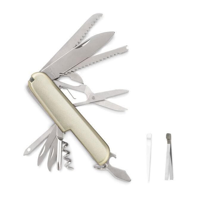 Werbeartikel Multifunktionstaschenmesser mit Gravur – Silber – nützliches Outdoor-Werkzeug für Firmen und Messen
