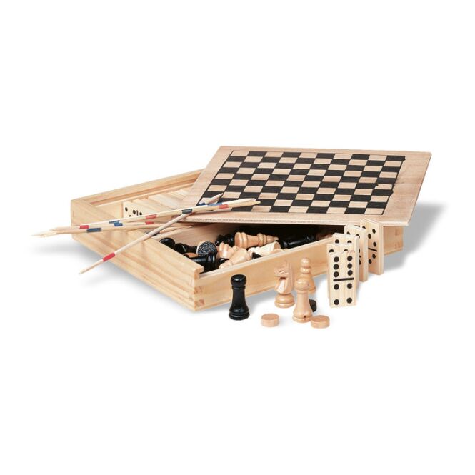 Firmengeschenk Spielesammlung in Holzbox mit Logodruck – Holzfarben – klassisches Brettspiel-Set für Kunden und Partner