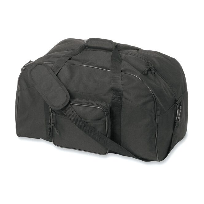 Werbeartikel Sporttasche aus 600D Polyester mit Logodruck – Schwarz – große Reisetasche für Vereine und Business-Events