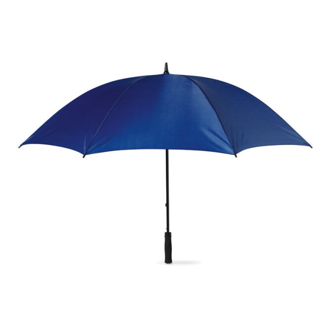 Werbeartikel Regenschirm mit Softgriff mit Logodruck – Blau – windbeständiger Schirm für Firmen und Messen