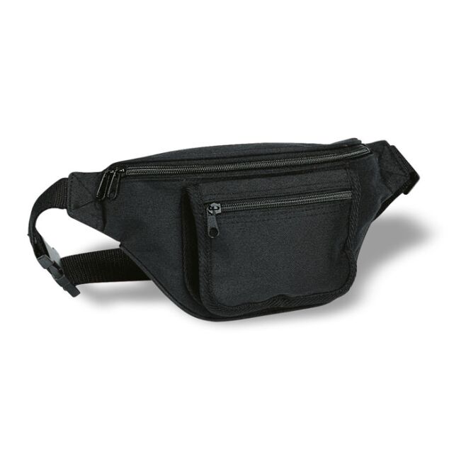 Werbeartikel Gürteltasche mit extra Fächern mit Logodruck – Schwarz – praktische Bauchtasche für Messebedarf und Aussendienst
