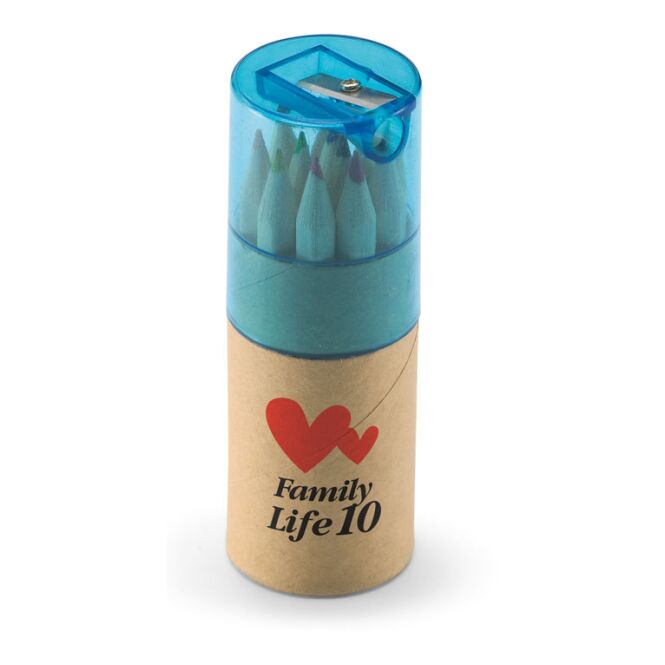 Werbeartikel Buntstifte 12er Set – transparent blau – mit Logo bedruckt inkl. Spitzer für Schulen, Kitas & Gastronomie