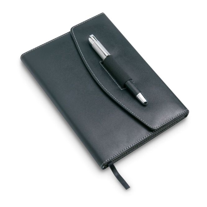 Werbeartikel Portfolio mit Kugelschreiber mit Logodruck – Schwarz – hochwertiges Schreibset für das Büro