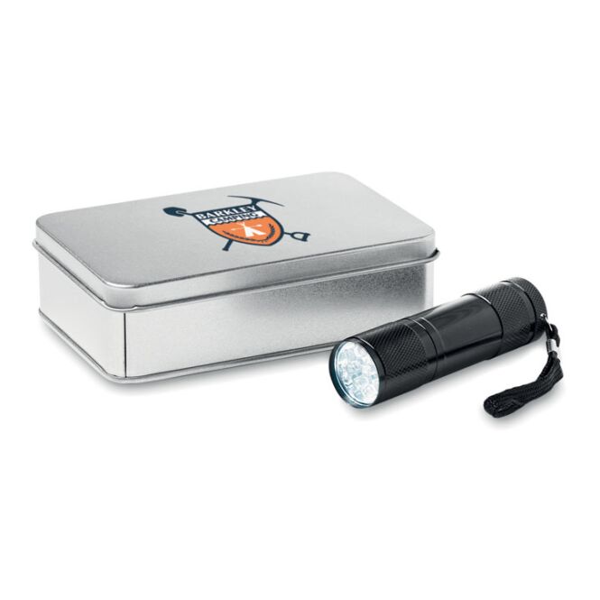Werbeartikel Mini-Taschenlampe aus Aluminium mit Gravur – Schwarz – robuste LED-Leuchte für Unternehmen und Messen