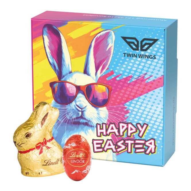 Oster-Werbeartikel Klappbox S mit Schoko Ostereier und Schoko Osterhase – ostern – mit individuellem Werbeaufdruck als süßes Oster-Werbegeschenk für