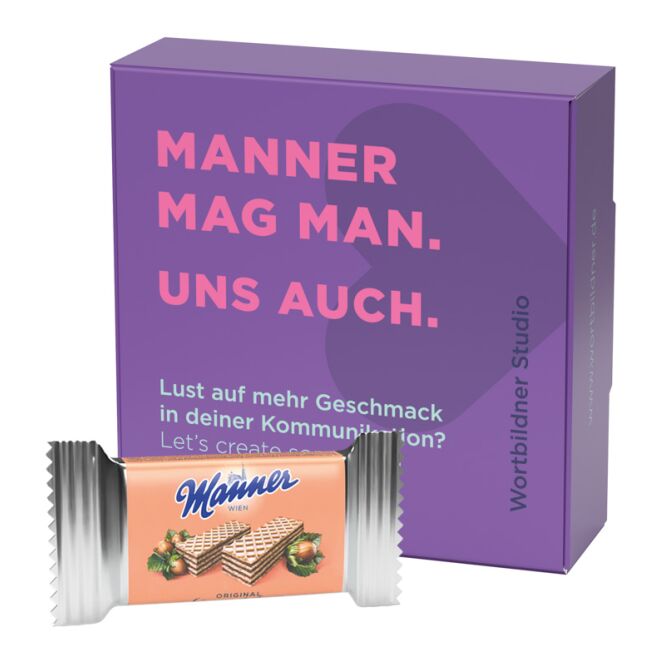 Werbeartikel Manner Klappbox S 2er – schokolade – mit individuellem Etikett 2er Inhalt als Firmengeschenk für Ihre Geschäftspartner und Kunden