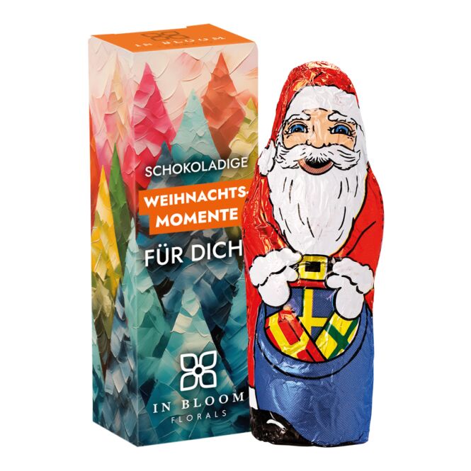 Firmengeschenk Klett Weihnachtsmann in Werbebox – weihnachtlich – mit bedrucktem Etikett 15 g als Weihnachtsgeschenk für Kunden und Partner