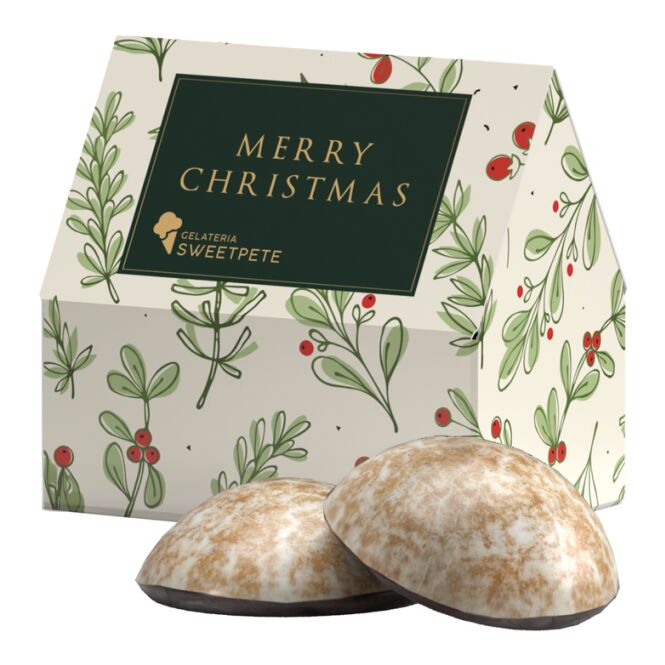 Firmengeschenk Lebkuchenhaus – weiß – mit Logo bedruckt als Weihnachtsgeschenk für Kunden und Partner, ideal für Messen und Firmenevents