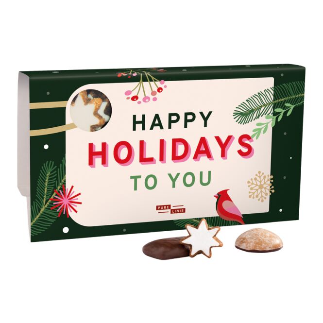 Firmengeschenk Haeberlein-Metzger Lebkuchenmischung – weiß – mit individuell bedrucktem Werbeschuber als Weihnachtsgeschenk für Kunden und Partner