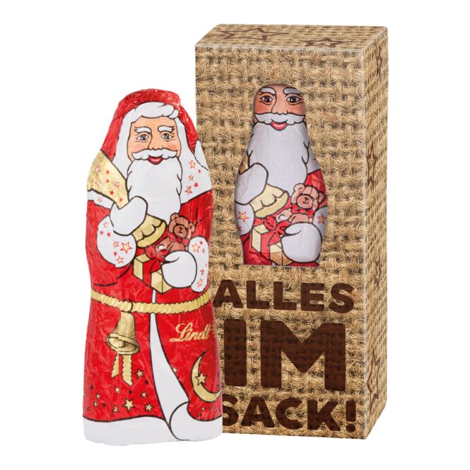 Firmengeschenk Lindt Weihnachtsmann – weiß – mit bedrucktem Etikett 10 g als Weihnachtsgeschenk für Kunden und Partner
