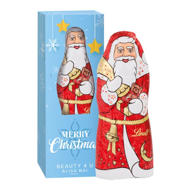 Firmengeschenk Lindt Weihnachtsmann – weiß – mit bedrucktem Etikett 40 g als Weihnachtsgeschenk für Kunden und Partner