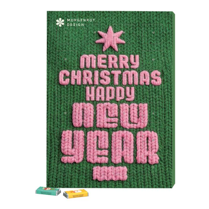 Firmengeschenk Adventskalender Marken-Modell – mehrfarbig – mit Logo bedruckt, Vollkartonhülle, recycelbar, ideal für Geschäftspartner