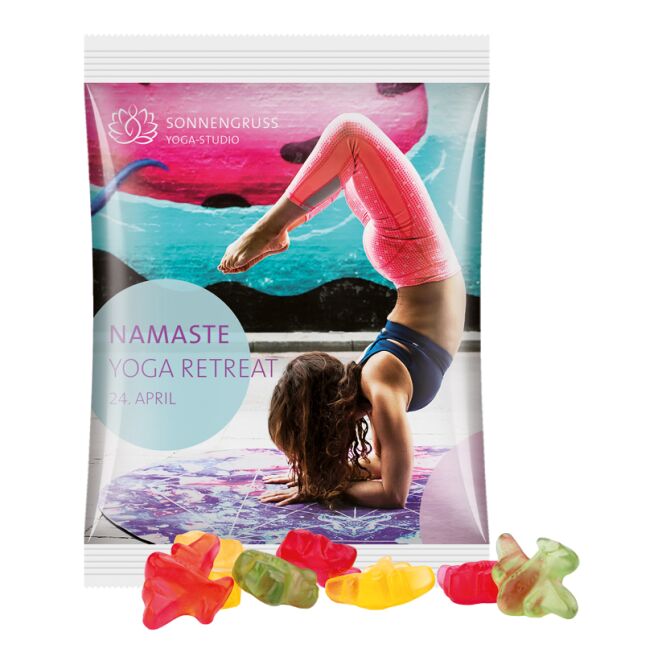 Werbeartikel Fruchtgummi Trolli – weiß – mit Logo bedruckt 50g klimaneutrale Süßwaren für Messen & Events