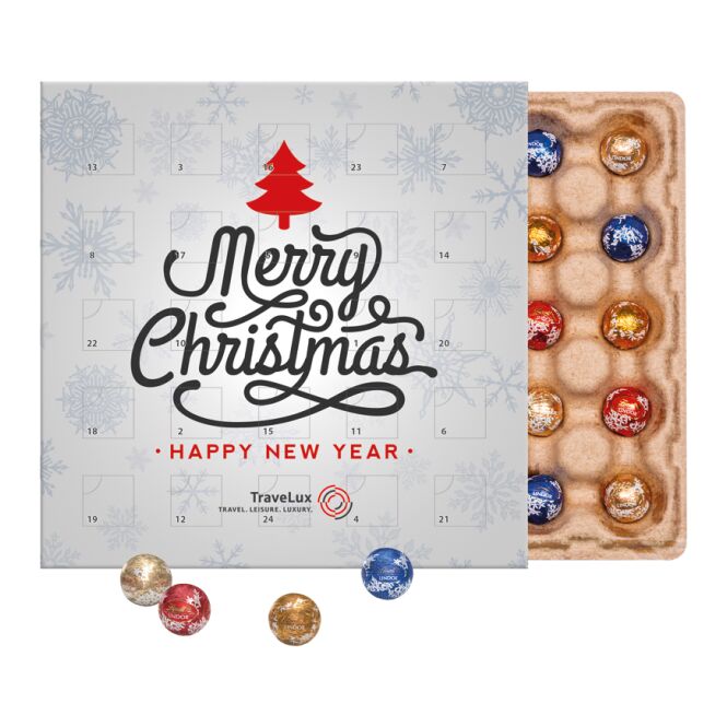 Kundenpräsent Minikugel Adventskalender mit Logodruck – nachhaltige Hülle aus Vollkarton – süßes Weihnachtsgebäck für Geschäftspartner