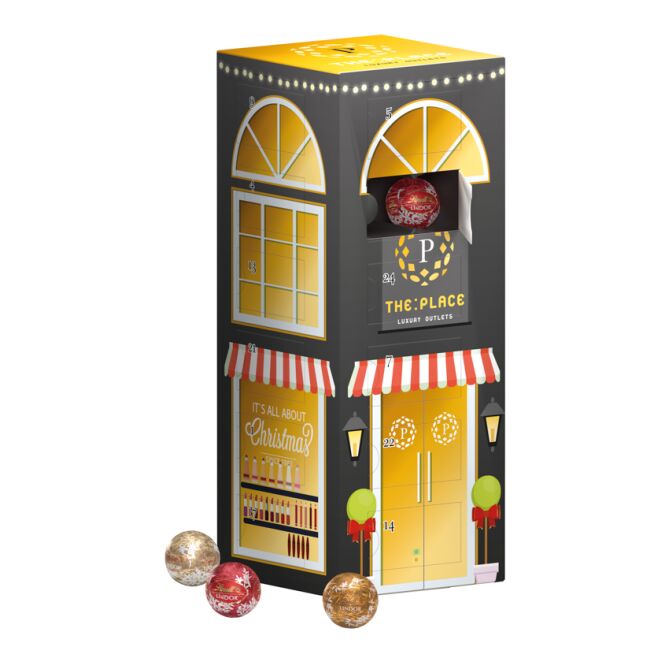 Kundenpräsent Mini Kugeln Tower Adventskalender Lindt mit Logodruck – Weiß – klimaneutraler Weihnachtskalender für Geschäftspartner