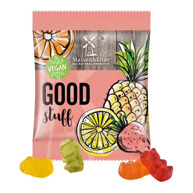 Werbeartikel Trolli vegane Fruchtgummi Bärchen – weiße minitüte – mit bedrucktem Etikett 12 g für messen und events an potenzielle kunden