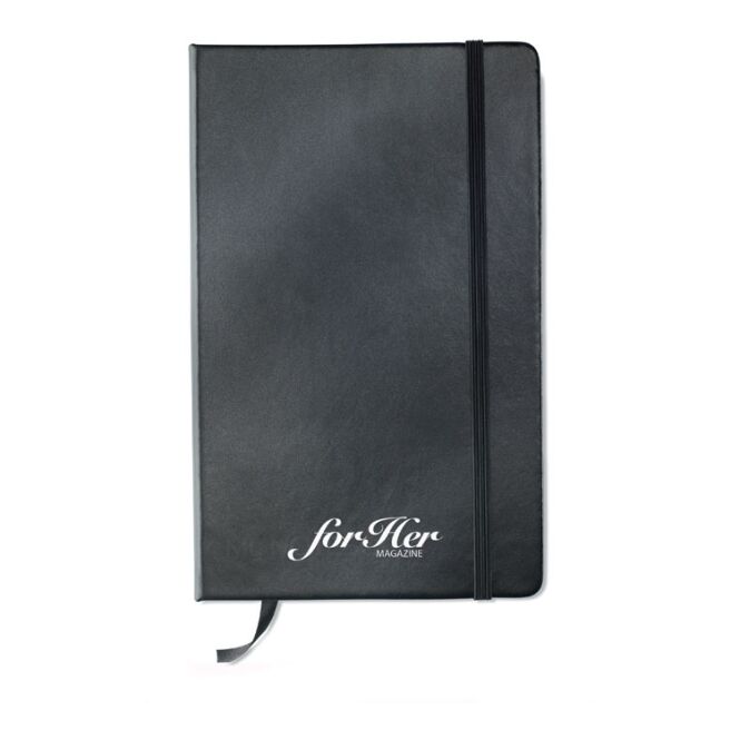 Kundengeschenk DIN A5 Notizbuch mit softem PU Cover – schwarz – mit Logo geprägt für den Büroalltag