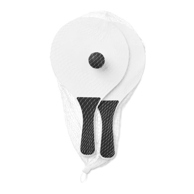 Werbeartikel Beachball-Set Mini Match – schwarz – mit Logo bedruckt, 2 Schläger aus MDF mit Ball für Firmen-Events