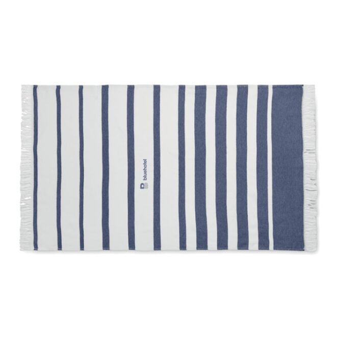 Werbeartikel Hamamtuch mit Logodruck – 100x170 cm – Blau – nachhaltiges Strandtuch für Messen und Firmenevents