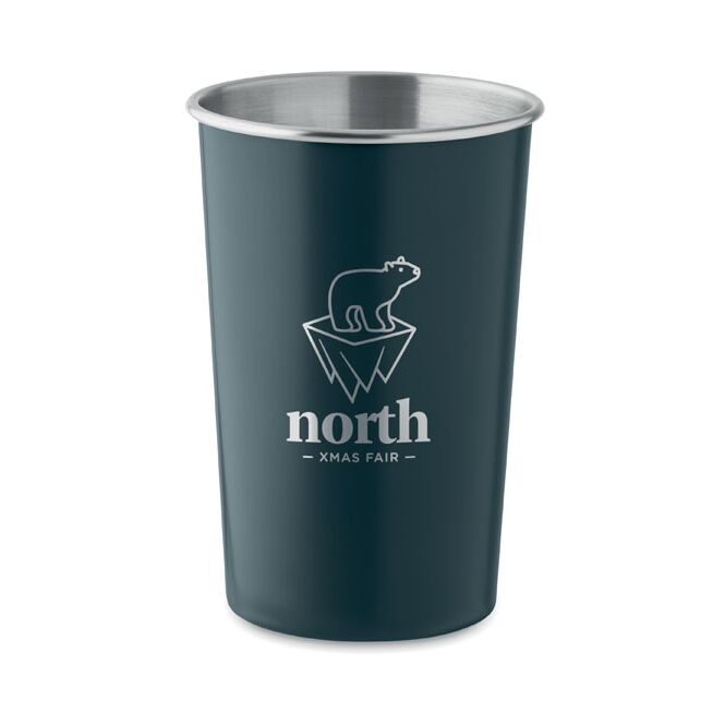 Werbeartikel Edelstahlbecher 300 ml mit Logodruck – Marineblau – nachhaltiger Kaffeebecher für Büro und Konferenzen
