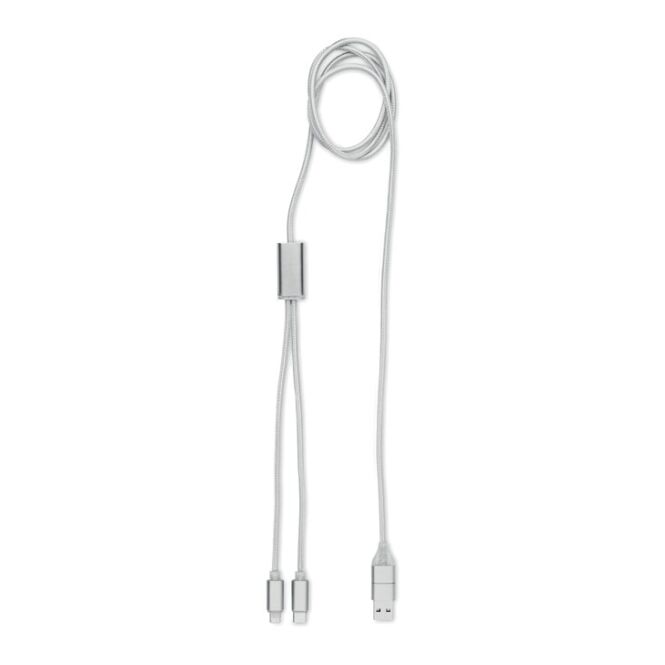 Werbeartikel 2-in-1 Ladekabel mit Gravur – Silber – praktisches Handyzubehör aus Aluminium für Kunden und Büro