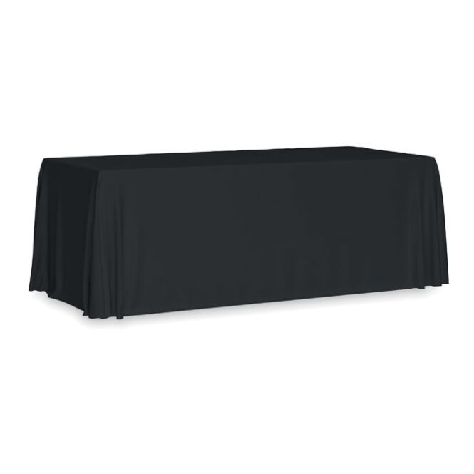 Messe-Werbemittel Tischdecke – schwarz – mit Logodruck 280x210 cm aus Polyester als elegante Textilauflage für Messen, Bankette & Events